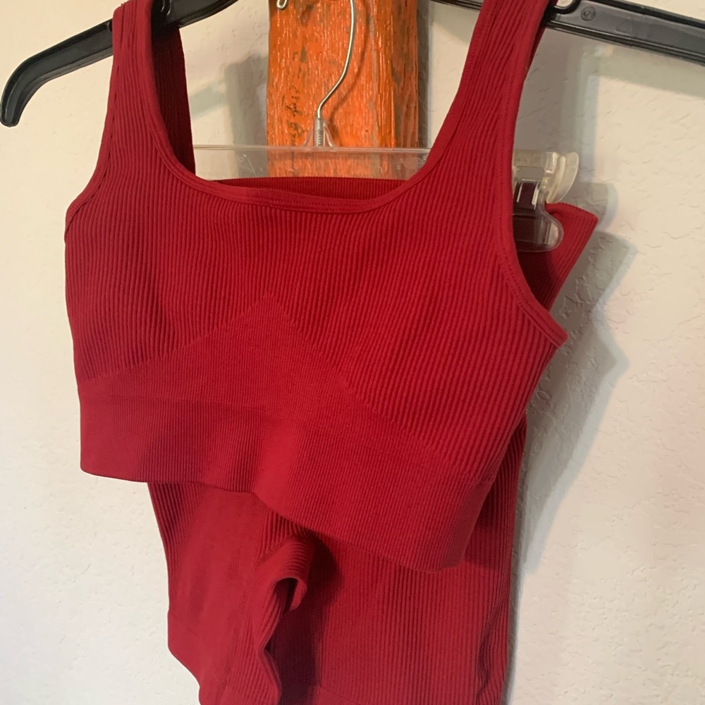 Red and Turquoise Ribbed Women's Top and Bottom workout set (set of 2)